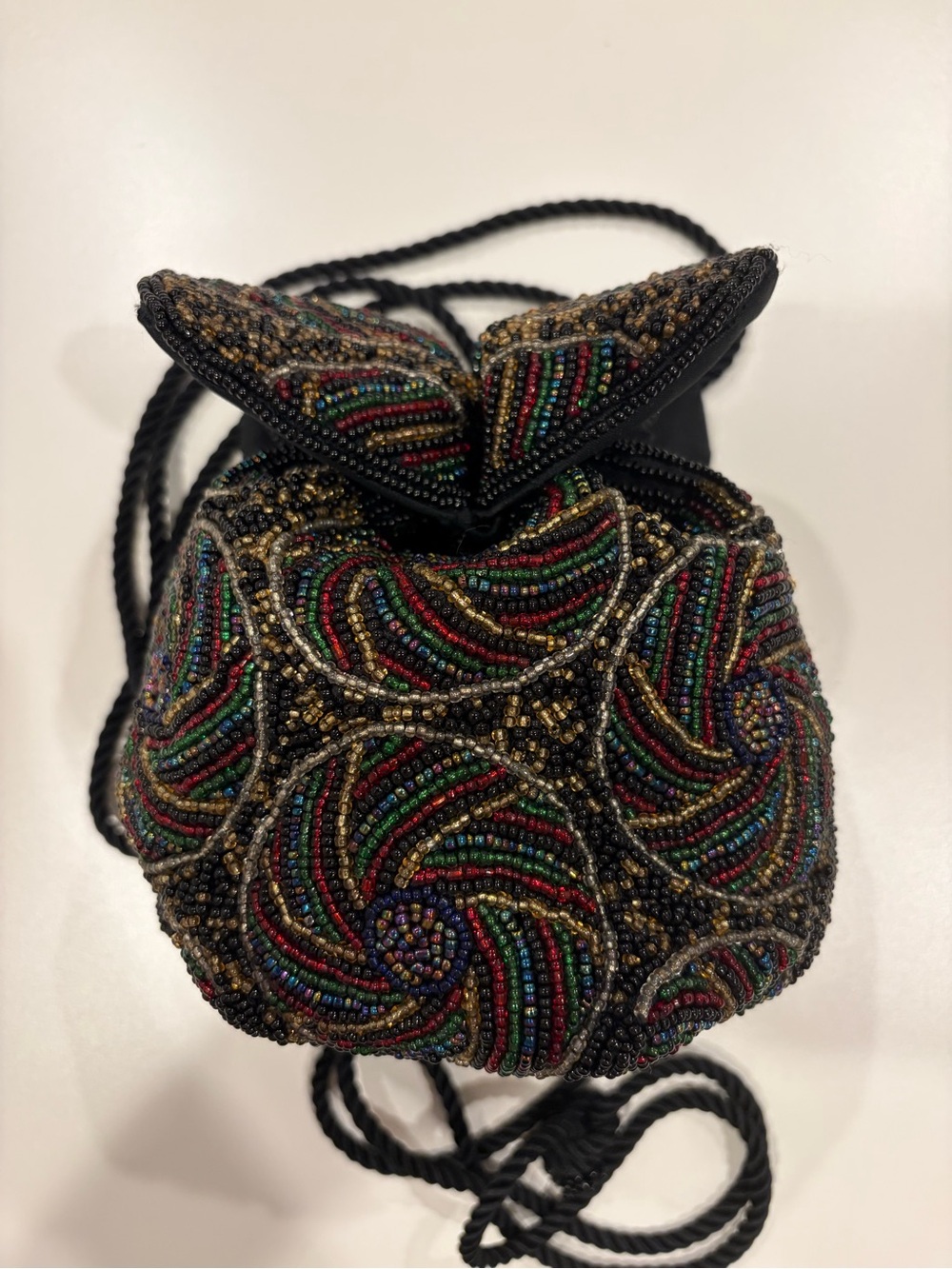 Vintage 80s Art-Deco Style Beaded Reticule Purse with Rope Drawstring Strap